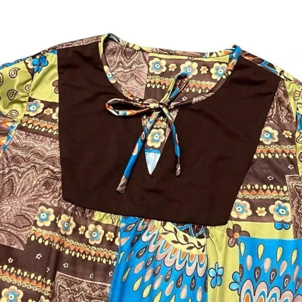 Patchwork Print Tunic Top Blouse Brown Blue Green Long Sleeve Bohemian Style - Picture 3 of 5